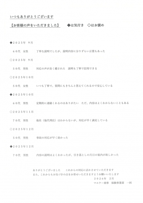 お客様の声をいただきました　　ありがとうございます　